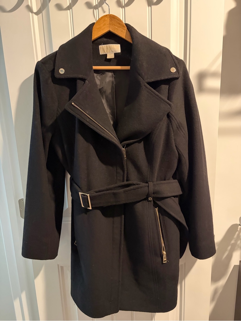 Michael Kors Black Belted Winter Wool Coat with Asymmetric Zip